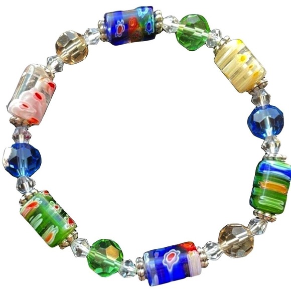 Jewelry - Stretch Beaded Bracelet Embedded Flowers Silver Accents Multicolor OS Colorful